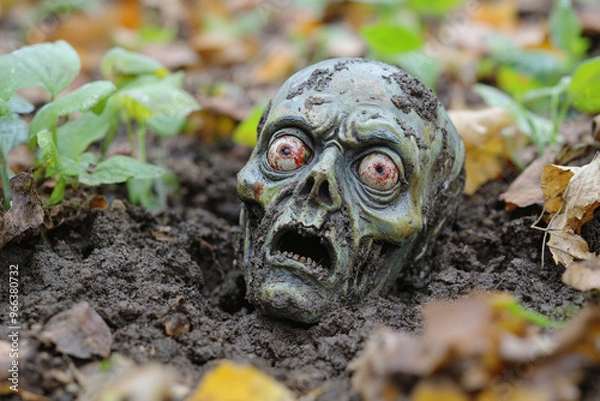 Fototapeta Gruesome Zombie Head Emerging from the Ground with Dirt and Worms in Creepy Detail