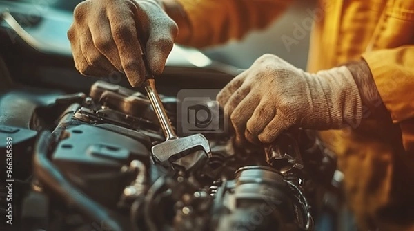 Fototapeta A mechanic wielding a wrench diligently repairs a car engine, embodying the critical concepts of vehicle inspection, maintenance, and repairs to ensure optimal performance and safe operation. 