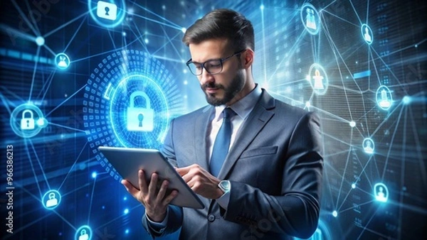 Fototapeta Cybersecurity Expert Managing Data Protection on a Modern Computer Setup for Business Operations