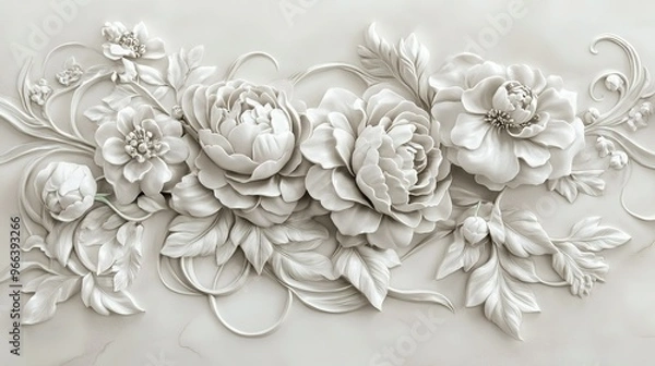 Fototapeta Intricate white floral relief artwork featuring peonies and leaves on a smooth surface background
