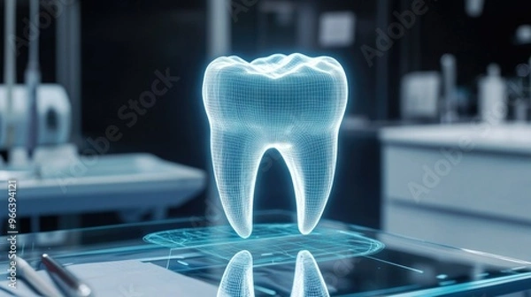 Obraz A futuristic digital hologram of a tooth displayed on a high-tech screen in a modern dental clinic environment. Represents innovation in dental care technology.