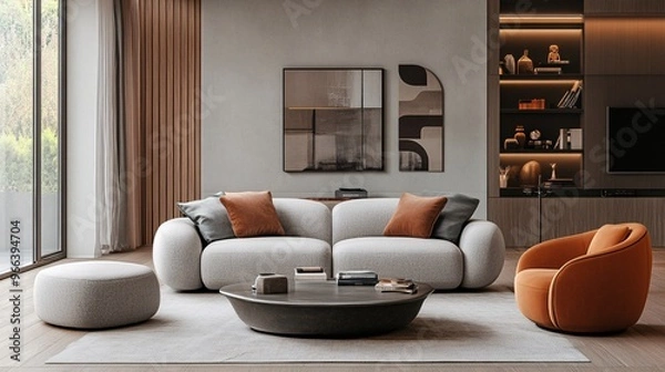 Fototapeta Cozy Modern Living Room Interior with Plush Sofa, Stylish Armchair, and Pouf for a Relaxing Vibes