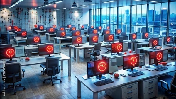 Fototapeta Visual Representation of a Cybersecurity Breach with Red Alarms and Warnings for Enhanced Awareness