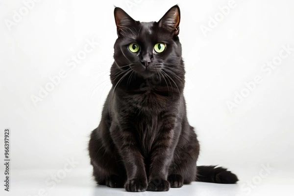 Fototapeta Black Cat With Bright Green Eyes Sits Upright On Its Haunches, Facing The Camera Against A White Background.
