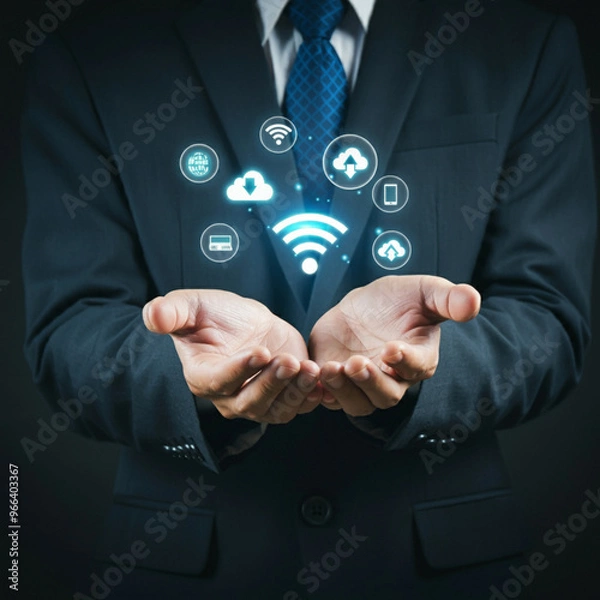 Obraz Man in Suit Holding Cloud Technology with Wi-Fi, Global Connectivity, and Communication Icons