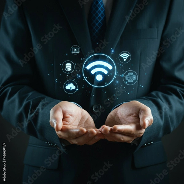 Fototapeta Man in Suit Holding Cloud Technology with Wi-Fi, Global Connectivity, and Communication Icons