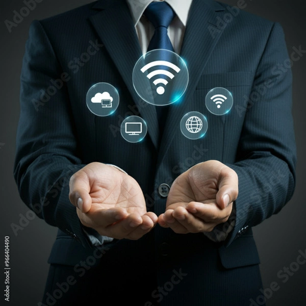 Fototapeta Man in Suit Holding Cloud Technology with Wi-Fi, Global Connectivity, and Communication Icons