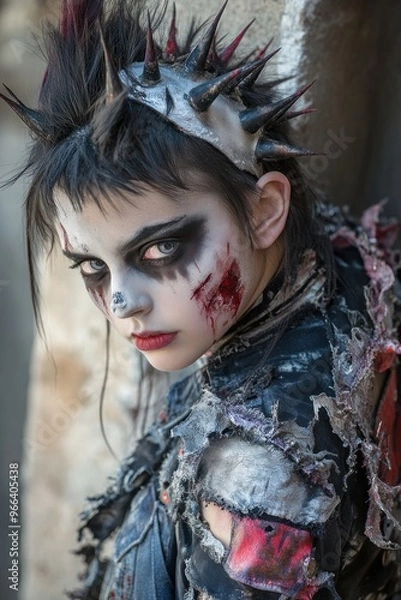 Fototapeta A striking portrait of a person with punk-inspired makeup and attire, featuring dramatic details.