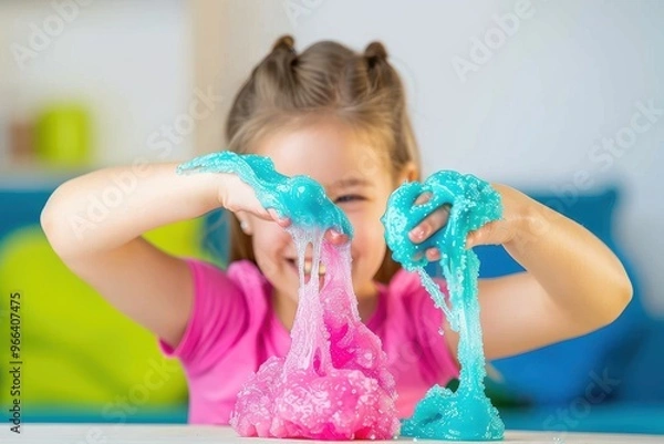 Obraz Little girl making homemade slime toy Little girl making homemade slime toy