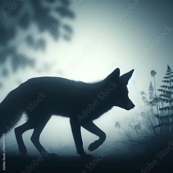 Fototapeta Black silhouette of  fox against a dark, sky with a full moon
