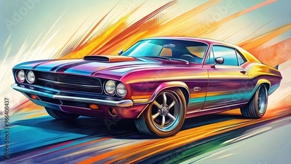 Fototapeta Colorful sketch of a powerful, sleek muscle car with bold lines, vibrant hues, and dynamic shading, conveying speed, power, and freedom on a plain background.