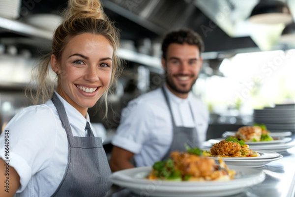 Fototapeta Smiling Chefs Presenting Plated Dishes in a Modern Kitchen