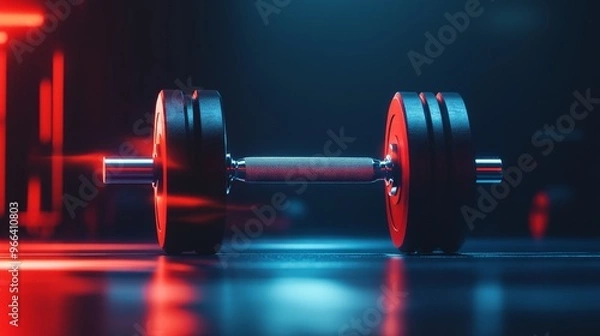 Fototapeta A close-up of a dumbbell on a gym floor, illuminated with dramatic lighting, emphasizing fitness and strength training.