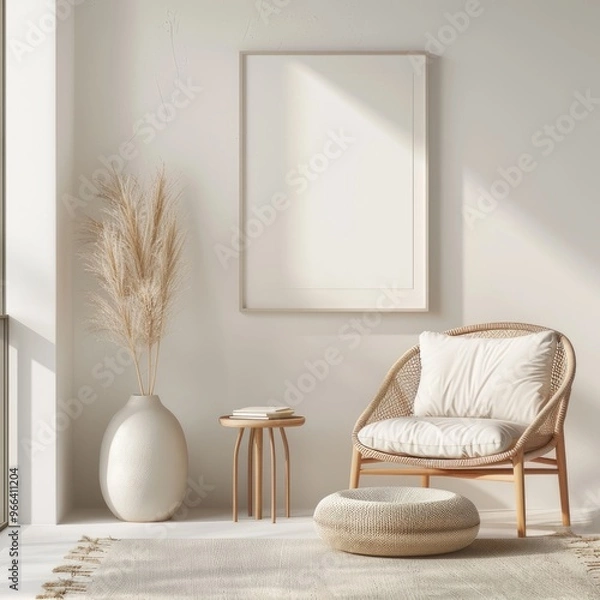 Fototapeta Wall art print mockup photo of a single  blank empty frame on the wall in a bohemian living room decorated with an armchair and vase with dried flowers in minimalist aesthetic.