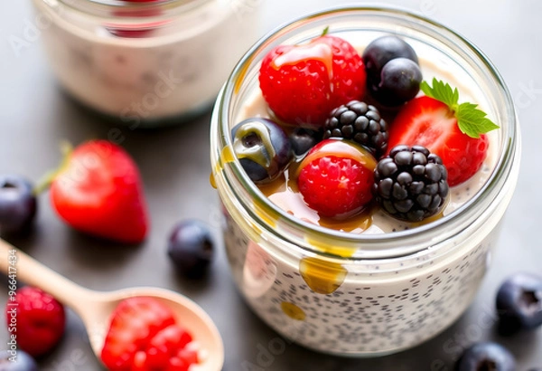 Fototapeta Chia seed pudding with berries on top