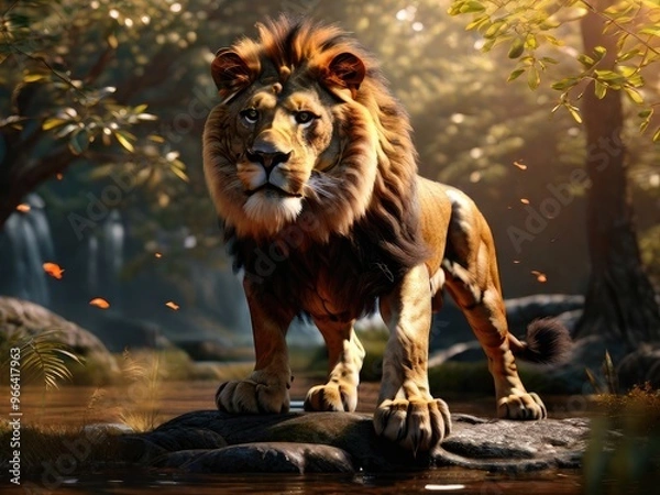Obraz a lion stands on a stone in the middle of a river