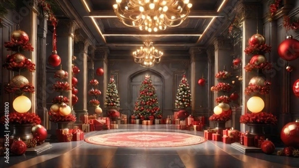 Obraz hall with chandeliers and Christmas trees