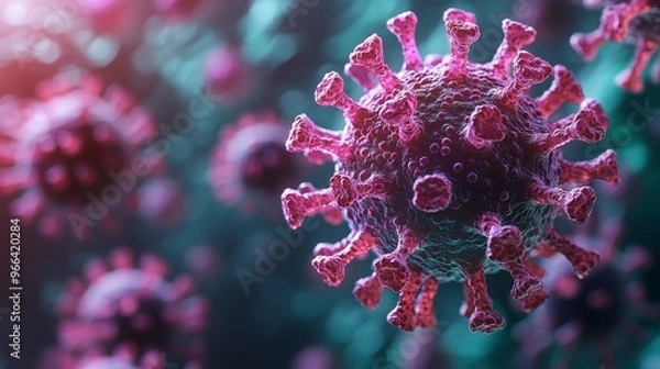 Fototapeta Dynamic visualization of a virus infecting a host cell under a microscope in a laboratory setting