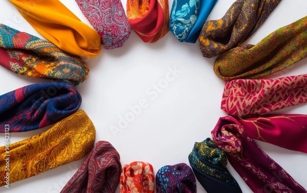 Fototapeta A vibrant arrangement of colorful scarves displayed in a circular pattern, showcasing various designs and textures.