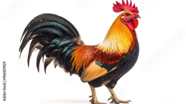 Fototapeta Rooster with Colorful Feathers on White Background