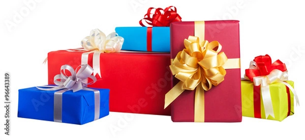 Obraz Colorful gift wrapped boxes isolated on white background