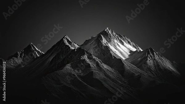 Obraz High contrast black and white image of rugged mountain range with dramatic shadows and highlights on a solid black background