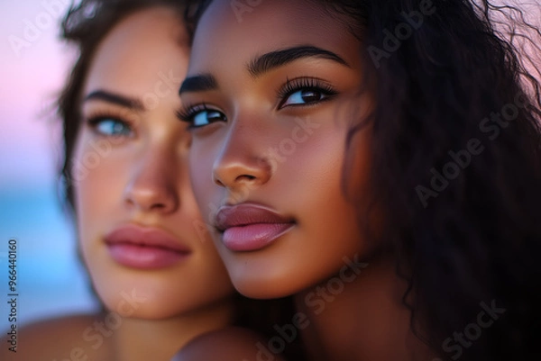 Fototapeta LGBT couple friends smiling at camera during sunset on a beach. Happy and joyful atmosphere, with soft natural lighting highlighting their faces. Perfect for themes of friendship, summer, and travel