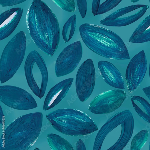 Fototapeta Hand-painted abstract shapes, seamless  pattern with leaves.