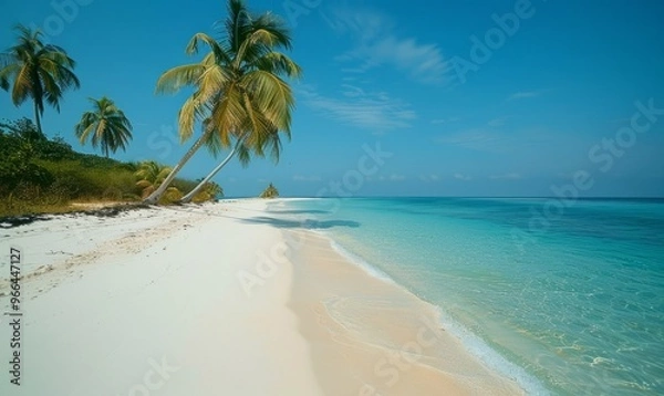 Fototapeta Palm fringed white sand beach, Agatti Island, Lakshadweep archipelago,