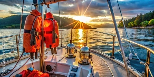 Fototapeta Life jackets, flares, and navigation lights on a sailboat's deck, highlighting essential safety equipment required by Oregon state regulations for recreational watercraft operations.