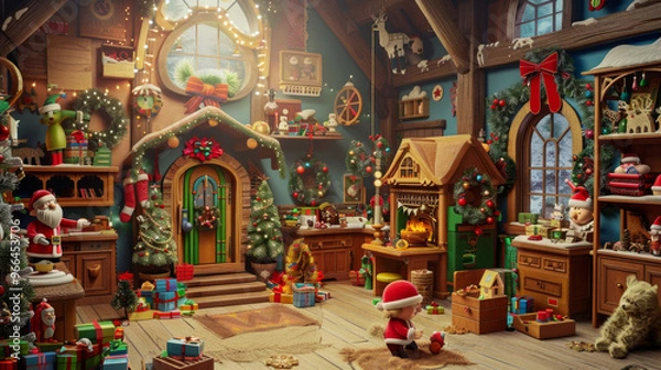 Fototapeta Santa's Workshop: A playful and whimsical background featuring Santa Claus's workshop with toy-making elves, colorful toys, and festive decorations.