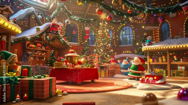 Fototapeta Santa's Workshop: A playful and whimsical background featuring Santa Claus's workshop with toy-making elves, colorful toys, and festive decorations.