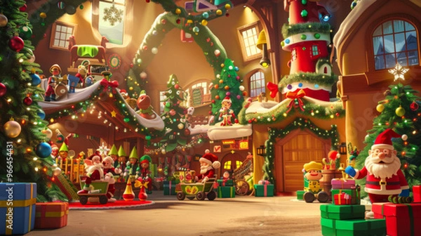 Fototapeta Santa's Workshop: A playful and whimsical background featuring Santa Claus's workshop with toy-making elves, colorful toys, and festive decorations.