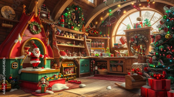 Fototapeta Santa's Workshop: A playful and whimsical background featuring Santa Claus's workshop with toy-making elves, colorful toys, and festive decorations.