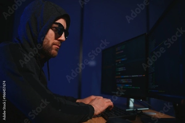 Obraz Wanted hackers coding virus ransomware using laptops and computers. Cyber attack, system breaking and malware concept