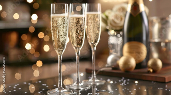 Fototapeta Sparkling Champagne: A sophisticated backdrop with flutes of champagne, sparkling bubbles, and a hint of gold and silver confetti, perfect for a New Year's celebration.