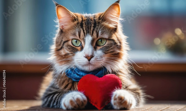 Fototapeta A tabby cat wearing a blue bow tie holds a red heart in its paws, looking directly at the camera