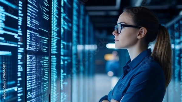 Fototapeta Cybersecurity analyst, fingerprint matching software, virtual data center