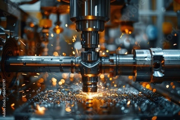 Fototapeta Closeup of a CNC machine cutting a metal rod with sparks flying.