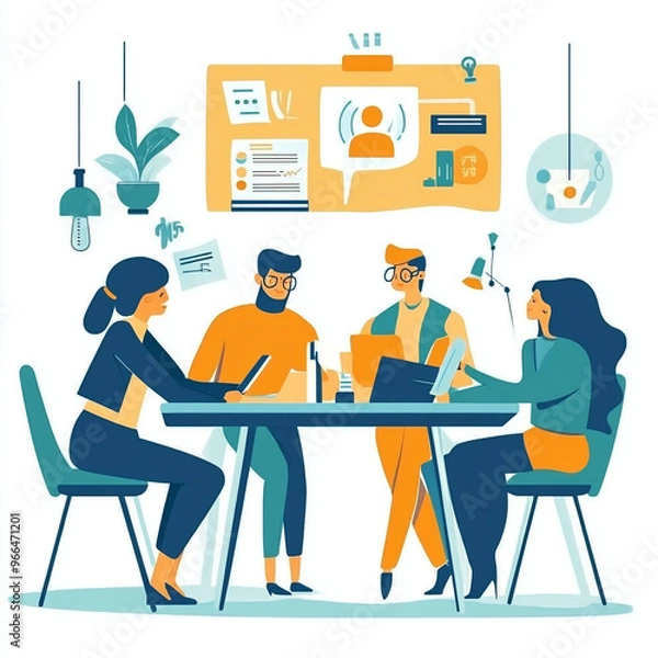 Obraz A diverse team of four coworkers collaborating at a table in a bright office setting, discussing ideas and working on a project together.