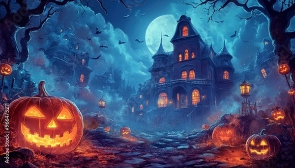 Fototapeta Haunted House and Jack-o'-Lanterns on a Halloween Night