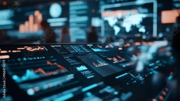 Fototapeta Interactive data visualization, holographic charts, futuristic tech conference, global reach
