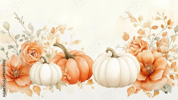 Fototapeta Watercolor autumn background with arrangement of pumpkins, fall flowers and leaves