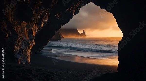 Obraz An view from an old rock cave onto a black sand beach and the ocean, with the golden hour sun casting gentle shadows