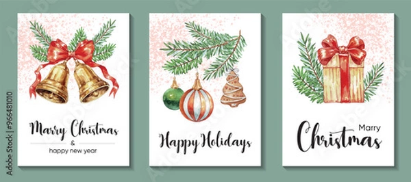 Fototapeta Merry Christmas and Happy Holidays cards collection with Christmas bells, present, balls, cookies and branch. Universal watercolor artistic templates. Hand painted watercolor background.