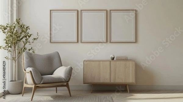Obraz Armchair near cabinet against wall with three frames Scandinavian interior design of modern living room
