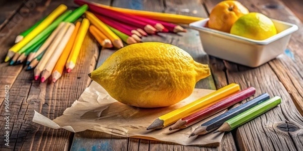 Obraz Vibrant yellow lemon sits atop a worn wooden desk, surrounded by scattered pencils, erasers, and crumpled paper, amidst a creative still life art setup.
