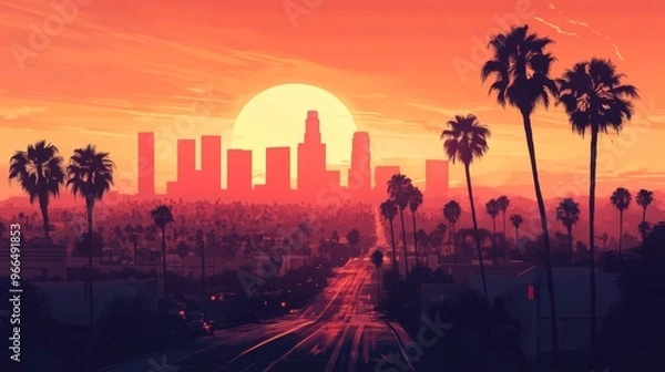 Obraz Los Angeles with plam trees on sunset illustration 