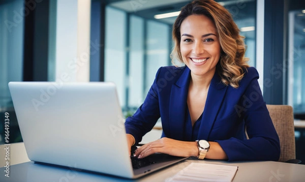 Obraz A businesswoman smiles while working on her laptop at her desk in a modern office