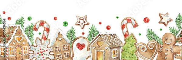 Fototapeta Christmas seamless decorative border. Watercolor banner with gingerbread Christmas houses, man, cookies, lollipop and fir branches. Repeating garland isolated on a white background.